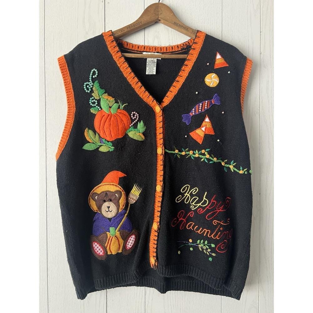 Vintage YarnWorks Sweater Vest Womens XL Black Halloween Embroidered Beaded 90s